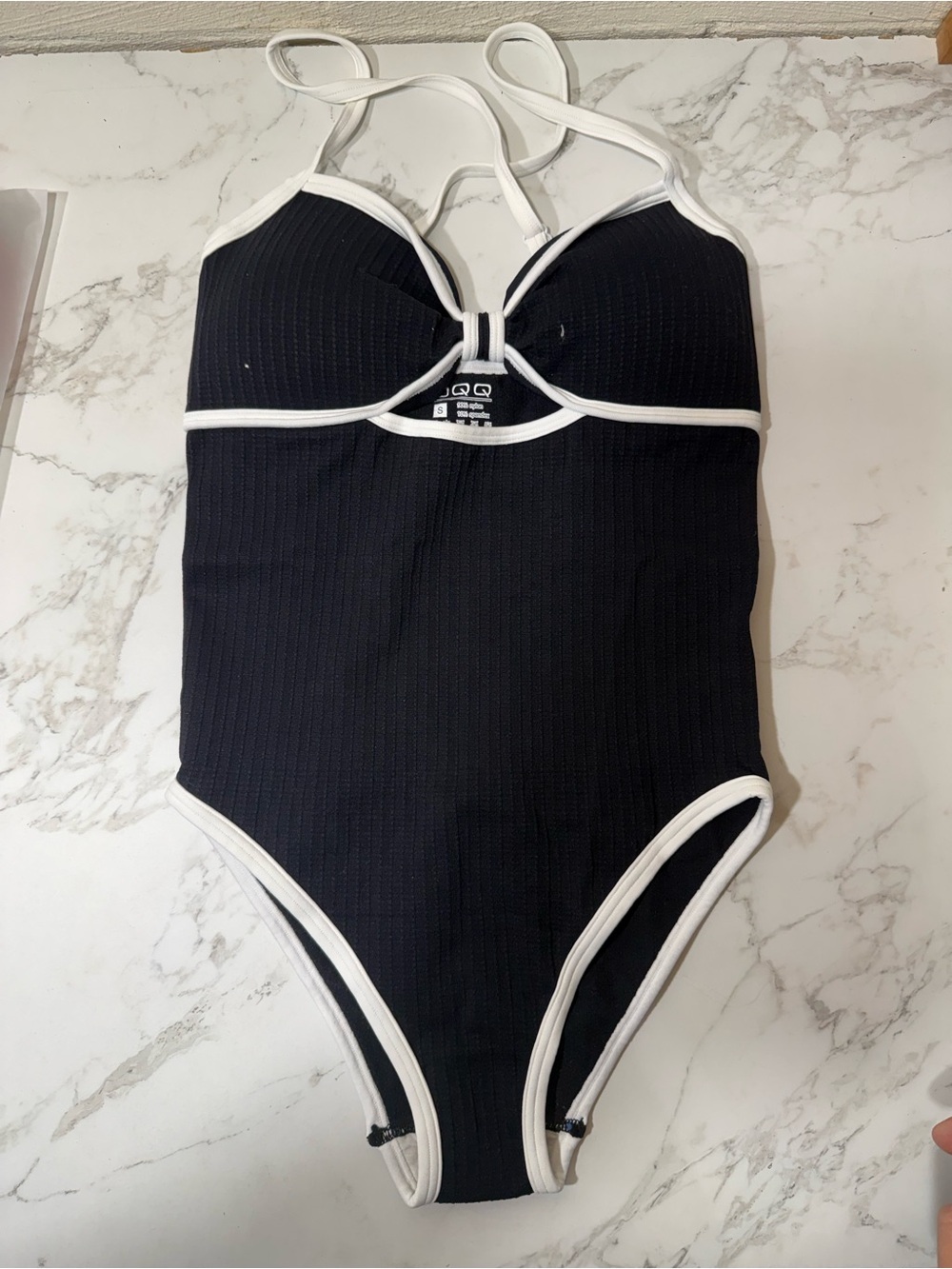 Black One-Piece Swimsuit with White Trim - Classic Ribbed Design